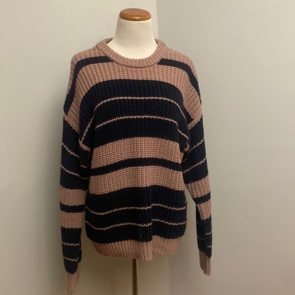 Volcom Pink and Black Striped Crewneck Sweater